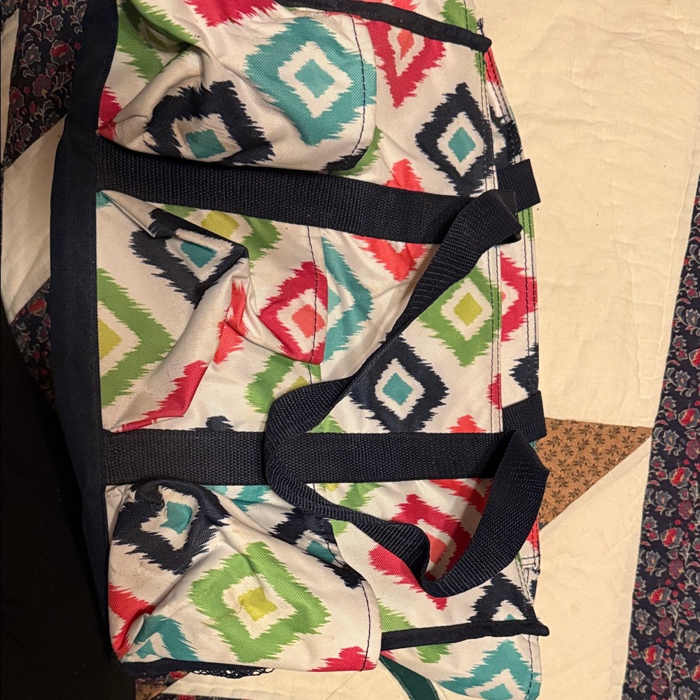 Thirty-One Geometric Patterned Tote with Navy Accents
